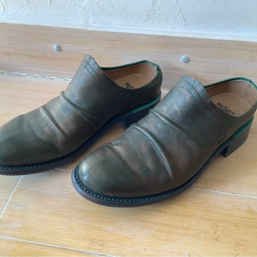 John Fleuvog Tullia Leather Green Bronze Mules